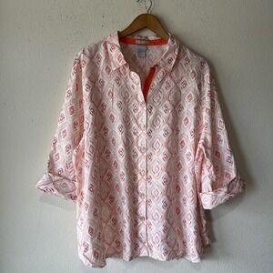 Chico's No Iron Geometric Diamond Print Linen  Shirt 4/Sz 20 Button Down Casual